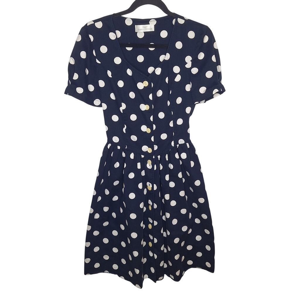 St Michael Marks & Spencer Polka Dot Shirt Dress 8 Puff Sleeve 50s Button Front